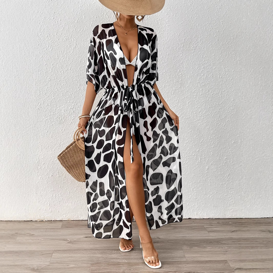 Women Cardigan Women Clothing Batwing Sleeve Lace up Waist Controlled Leopard Print Mesh Beach Beach Cover Up Bella Mia