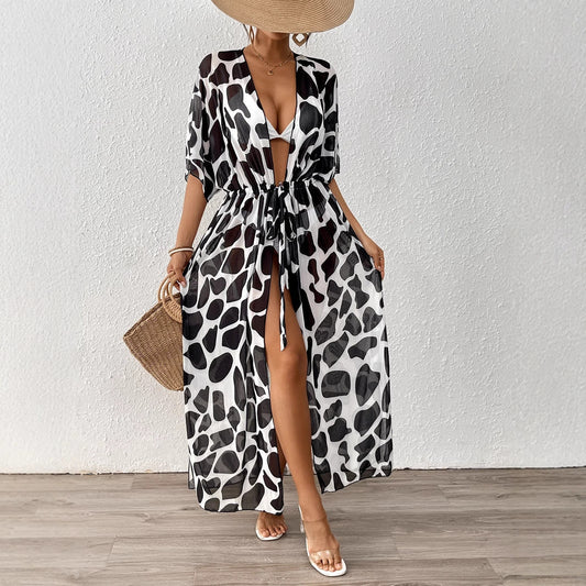 Women Cardigan Women Clothing Batwing Sleeve Lace up Waist Controlled Leopard Print Mesh Beach Beach Cover Up Bella Mia