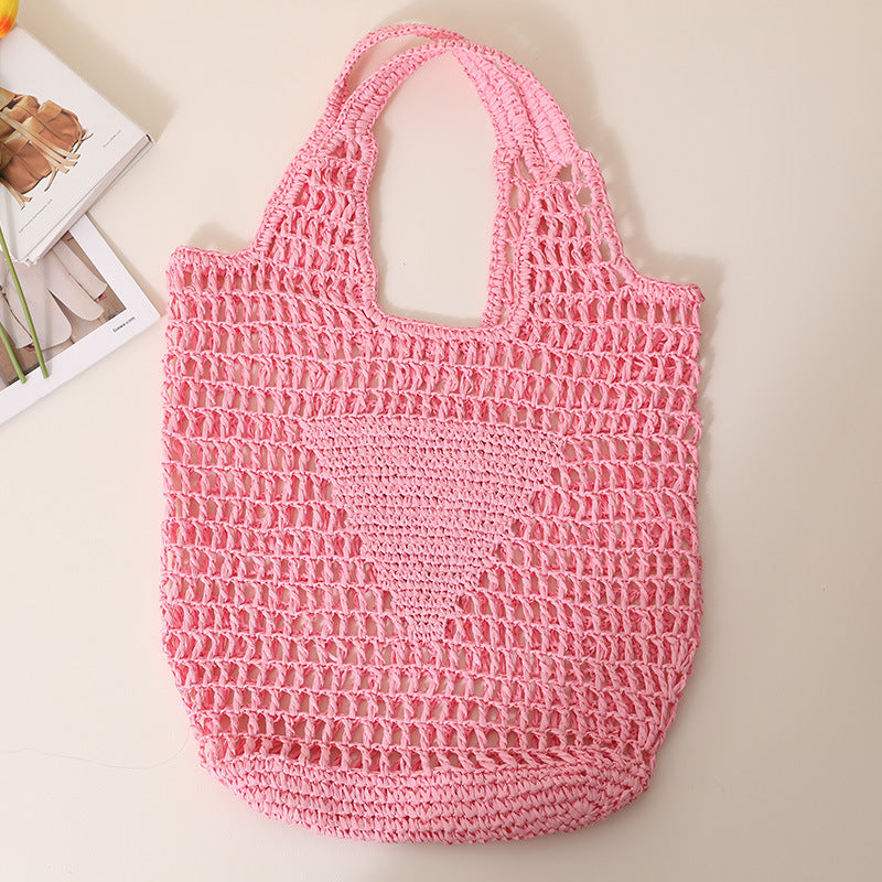 Large Capacity Hollow Out Cutout Straw Bag Fresh Candy Color One Shoulder Tote Woven Bag Portable Women Beach Bag Bella Mia
