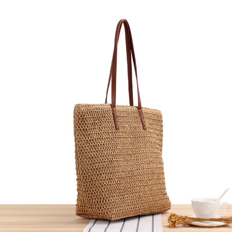 Solid Color Simple Shoulder Straw Bag Japanese Korean Woven Bag Daily Office Casual Vacation Women Bag Bella Mia