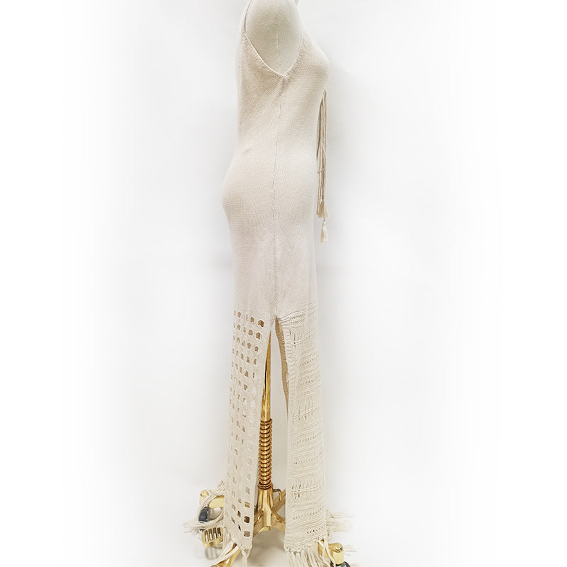 Summer Beach Dress Women Solid Color Spaghetti Straps Knitted Hollow Out Cinched Tassel Midi Dress Swimsuit Blouse Crochet hook Bella Mia