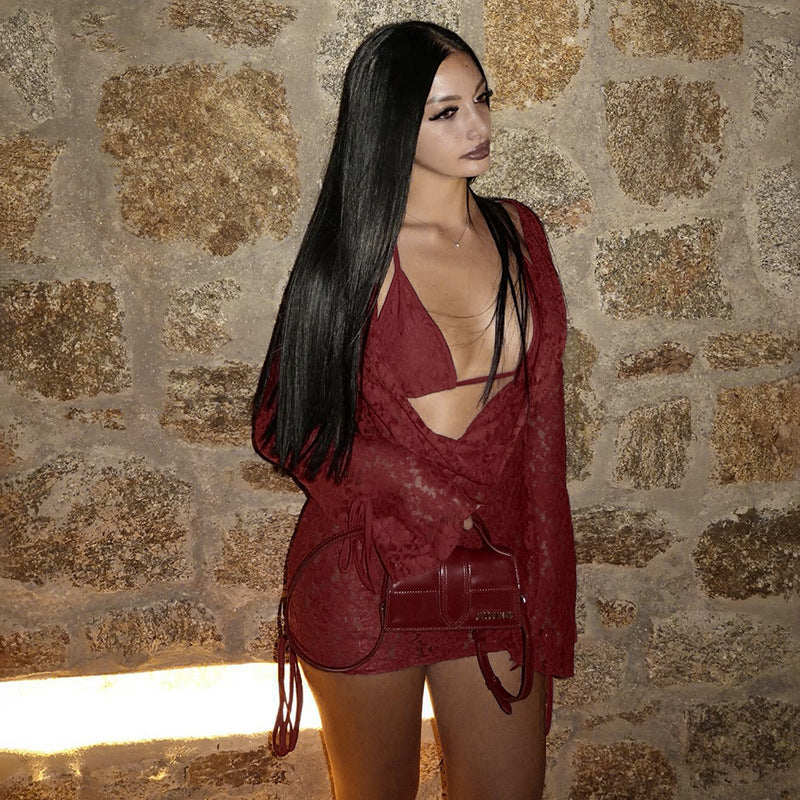 Women Clothing Autumn Solid Color Casual Lace up Lace Long Sleeve Top Lace up Sets Bella Mia