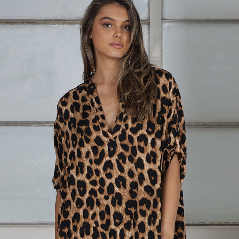Rayon Stand Collar Leopard Dot Robe Seaside Vacation Dress Loose Bikini Swimsuit Blouse Outer Wear Women Bella Mia