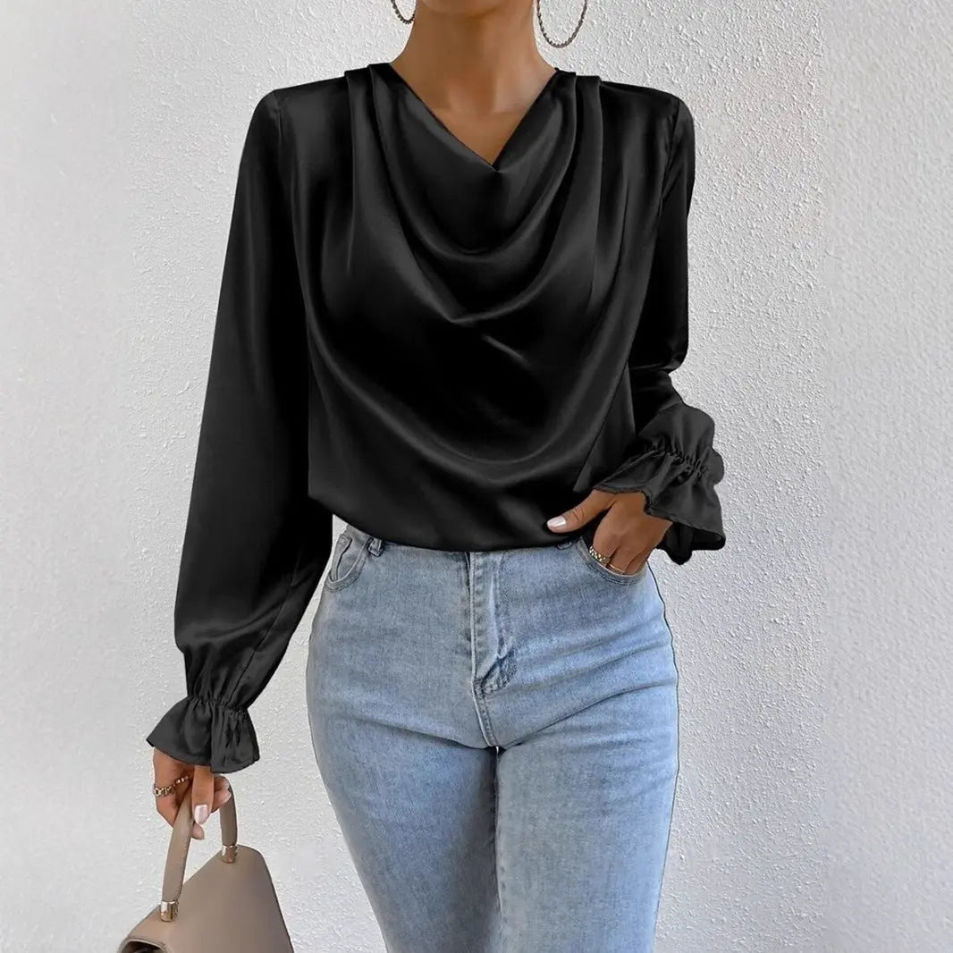 Elegant Panelled Long Sleeve Satin Shirt For Women With Cowl Neck Bella Mia
