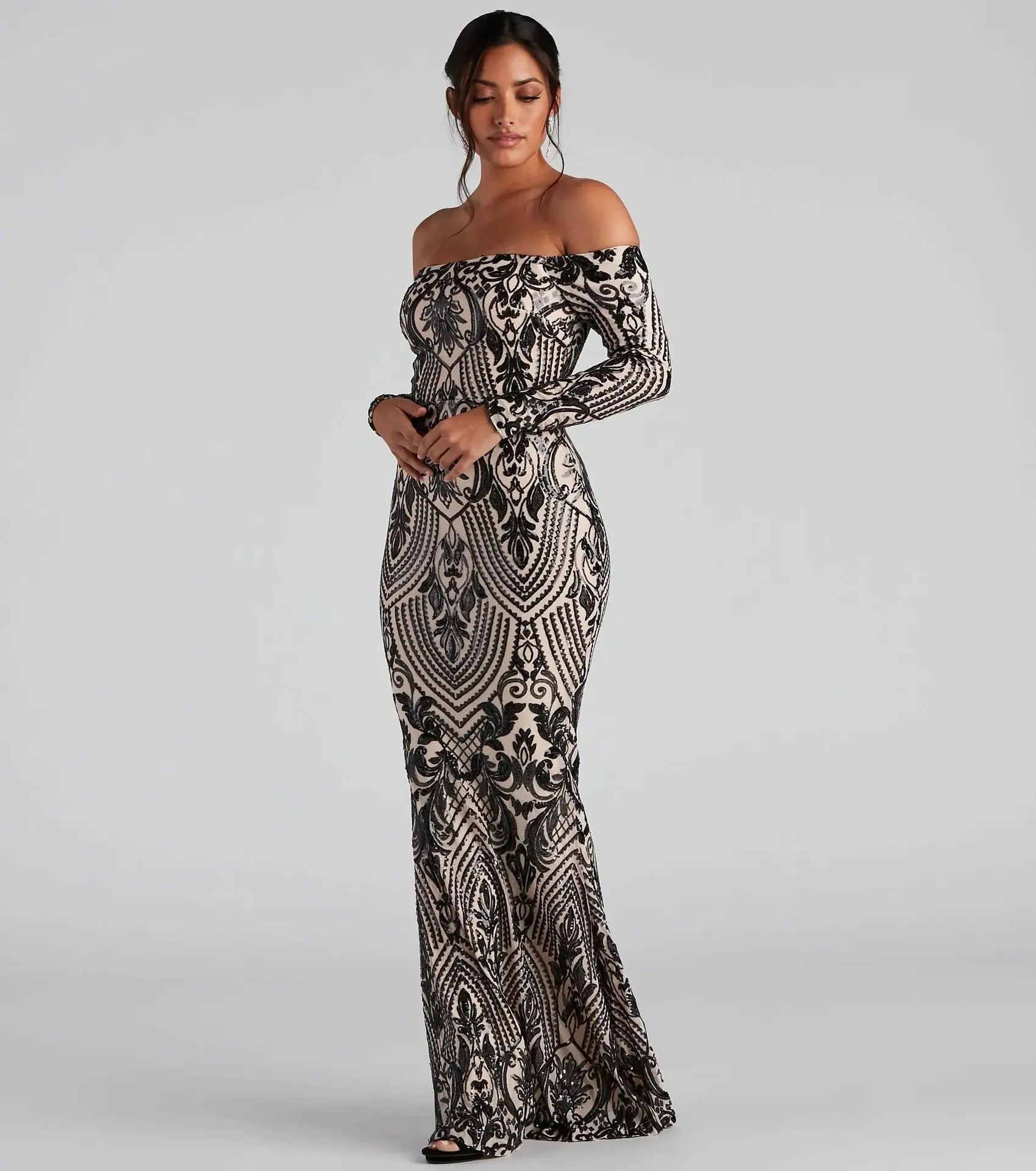Sequin Off Shoulder Long Sleeve Maxi Dress For Women Formal Evening Cocktail Bella Mia