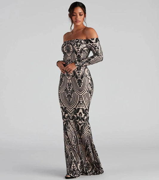 Sequin Off Shoulder Long Sleeve Maxi Dress For Women Formal Evening Cocktail Bella Mia