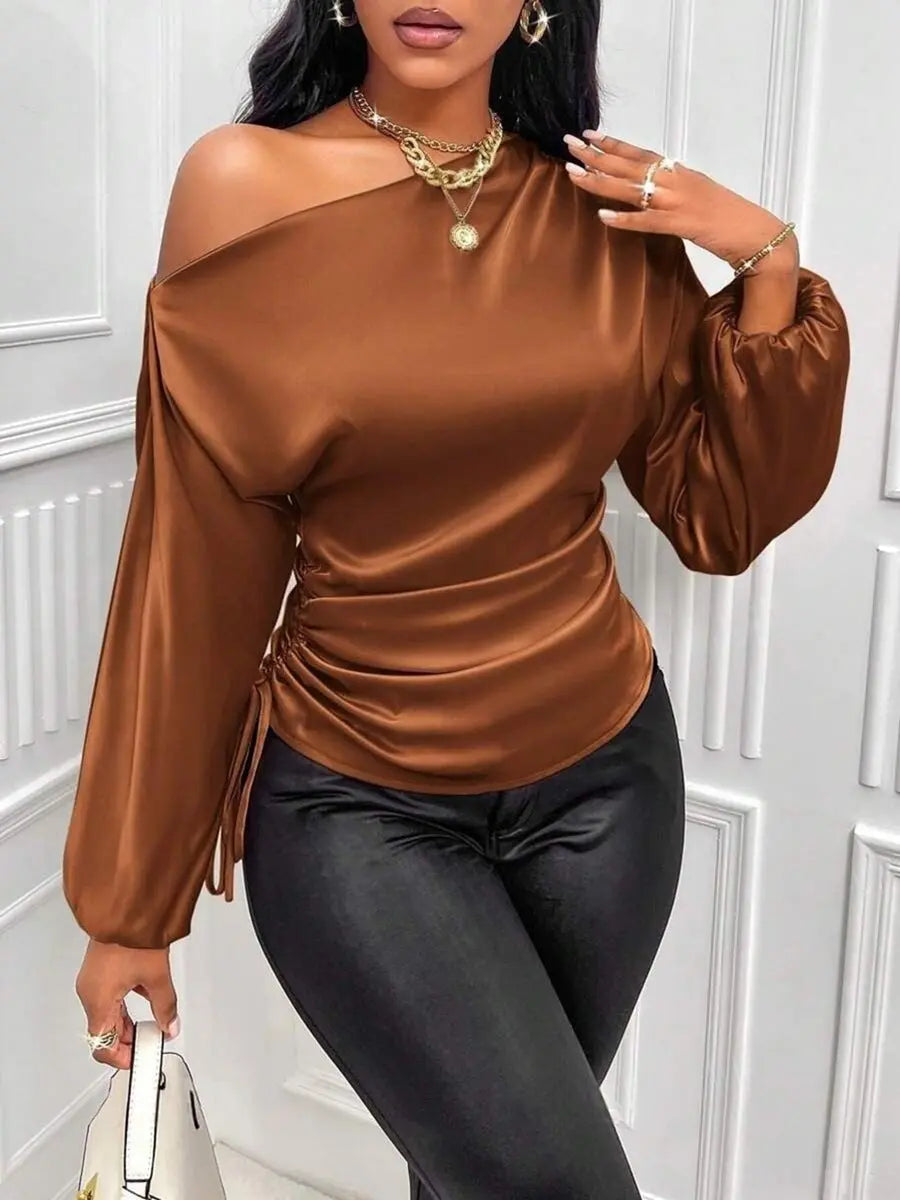Women Clothes Satin Shirt Autumn Winter Asymmetric Long Sleeve Diagonal Collar Shirt Top Bella Mia