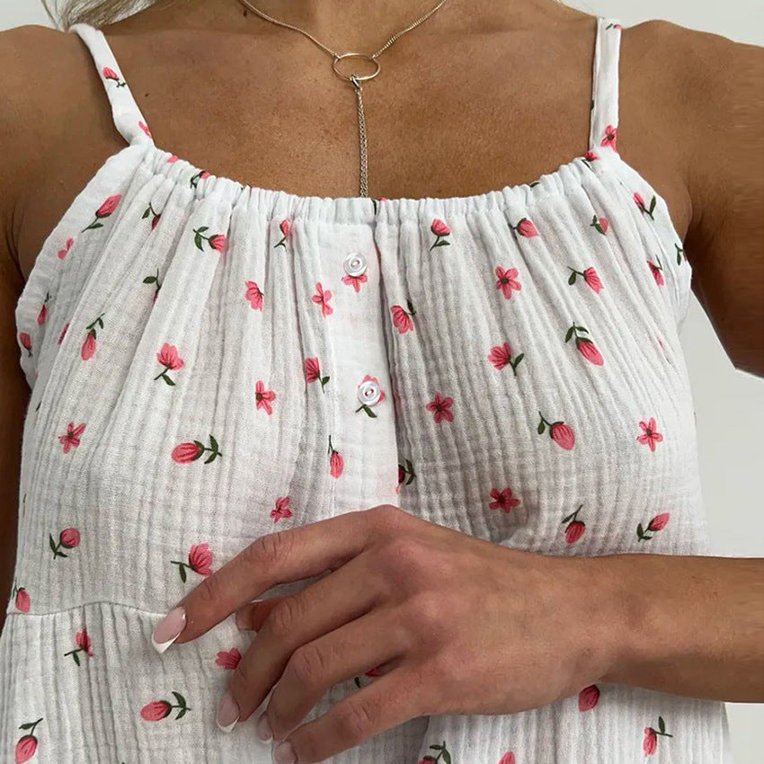 Summer Sling Cotton Printed Nightdress Homewear Pajamas Women Outerwear