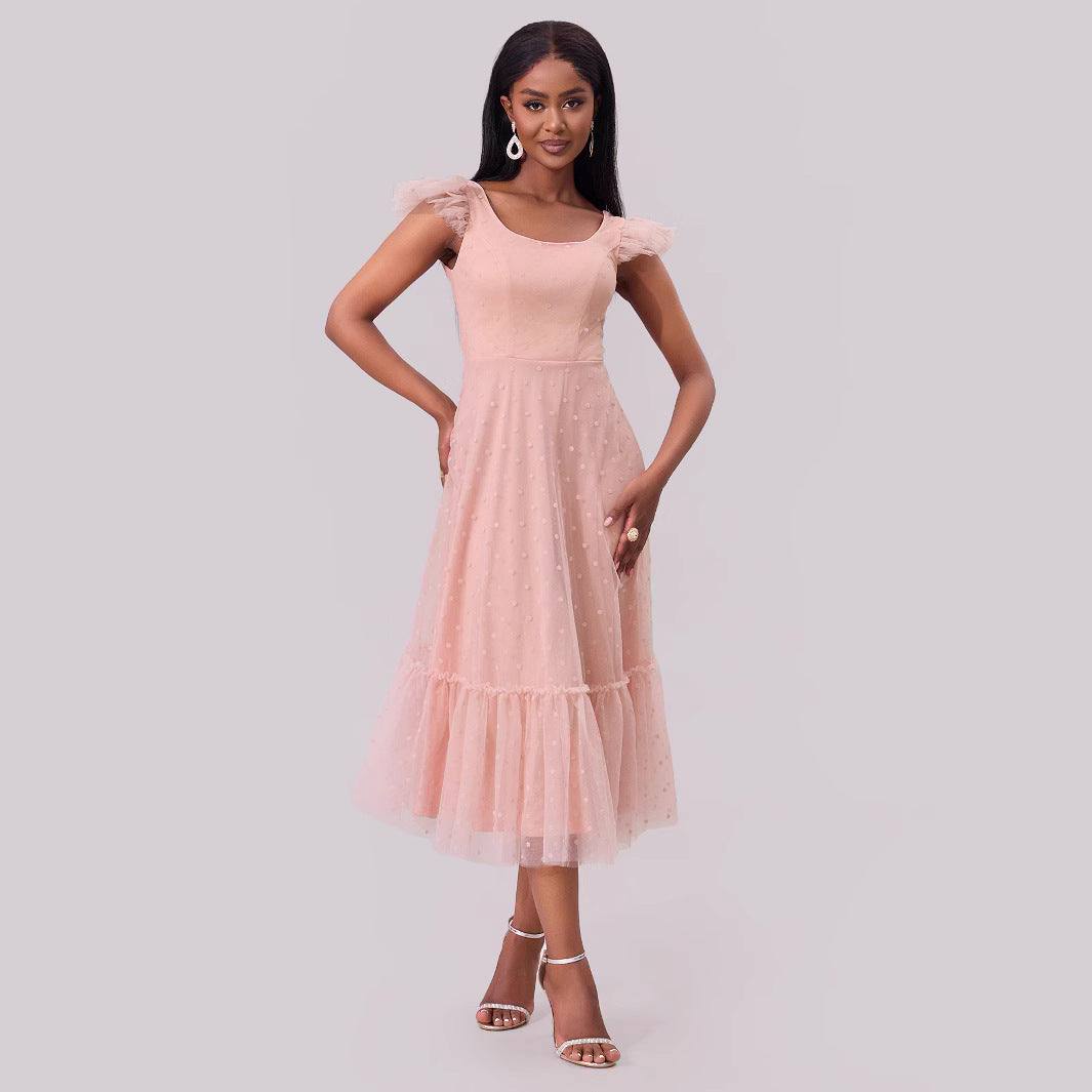 Women Clothing Flying Sleeves Pleating Layered Short Sleeve Large Swing Dress Bella Mia