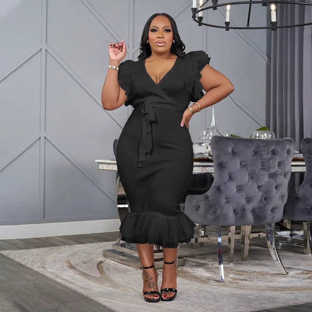 Sexy V neck Solid Color Dress Mesh Pleated Slim Fit Hip Dress Bella Mia