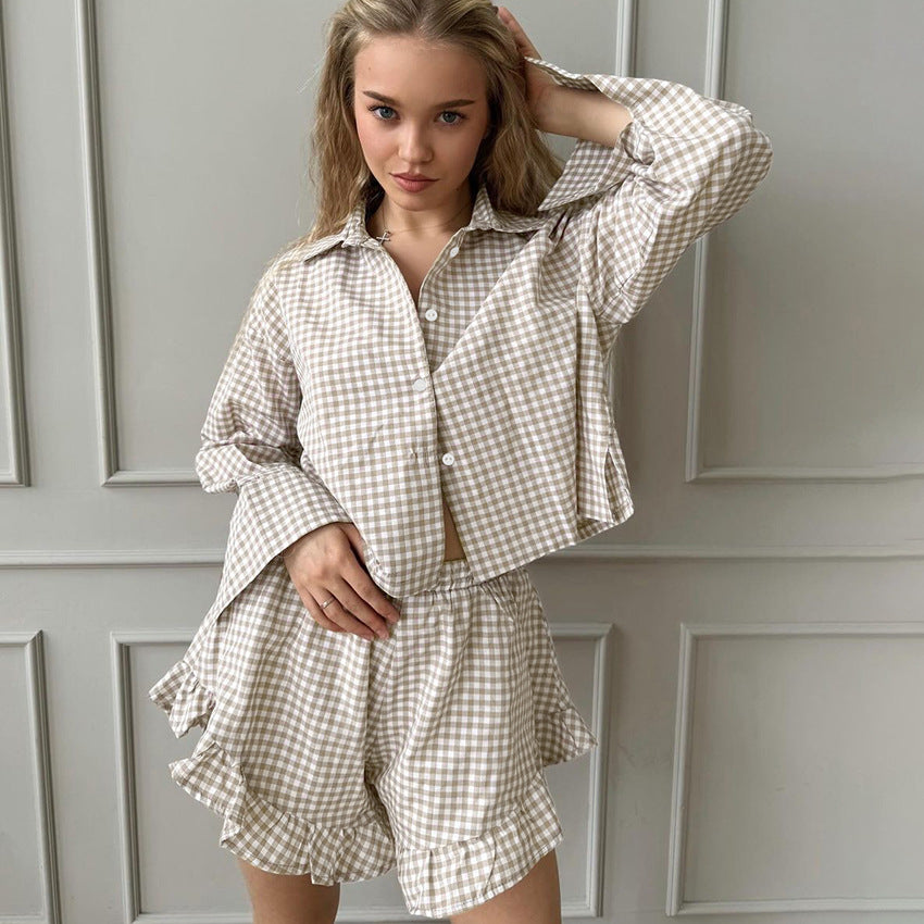 Plaid Cardigan Long Sleeve Shorts Home Wear Autumn Cotton Loose Casual Pajamas Women Bella Mia