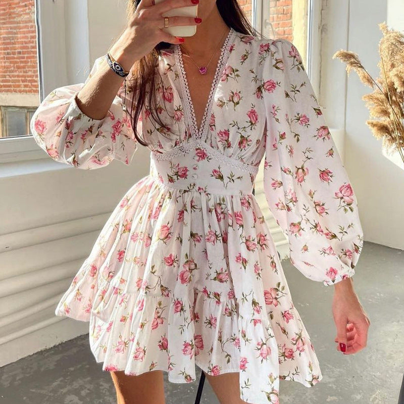 Spring Women Clothing Sweet Elegance Printed V neck Lace Waist Trimming Short Dress Bella Mia