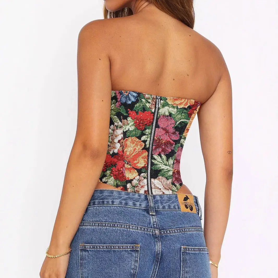 Floral Print Boning Tube Top Corset Lace Up Strapless Crop Top Bella Mia