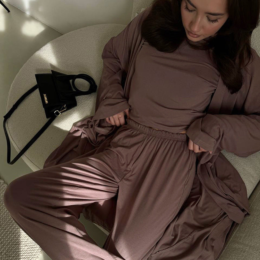 Summer Pajamas Three Piece Knitted Solid Color Top Trousers Loose Comfortable Home Wear Bella Mia