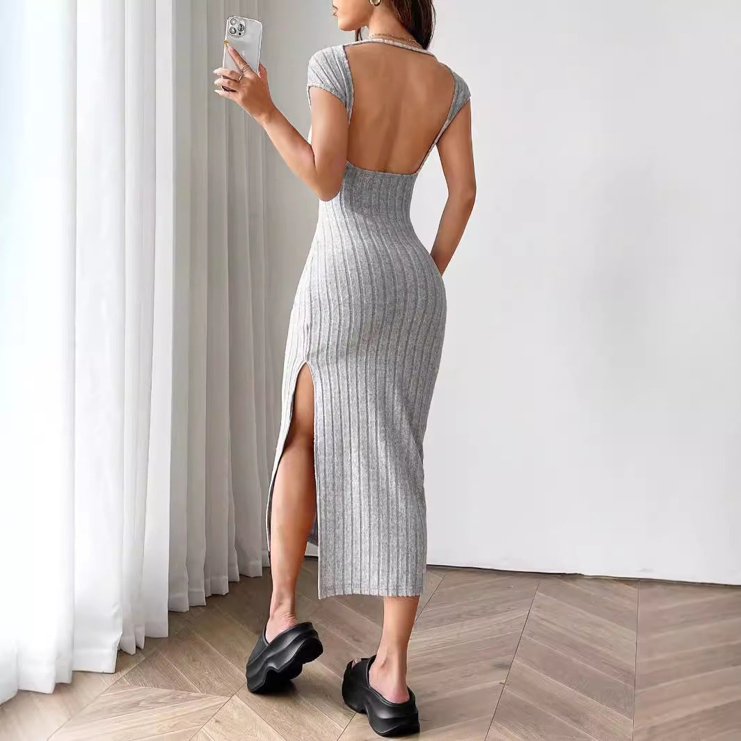 Women Clothing Summer round Neck Short Sleeve Backless Sexy Slit Dress Bella Mia