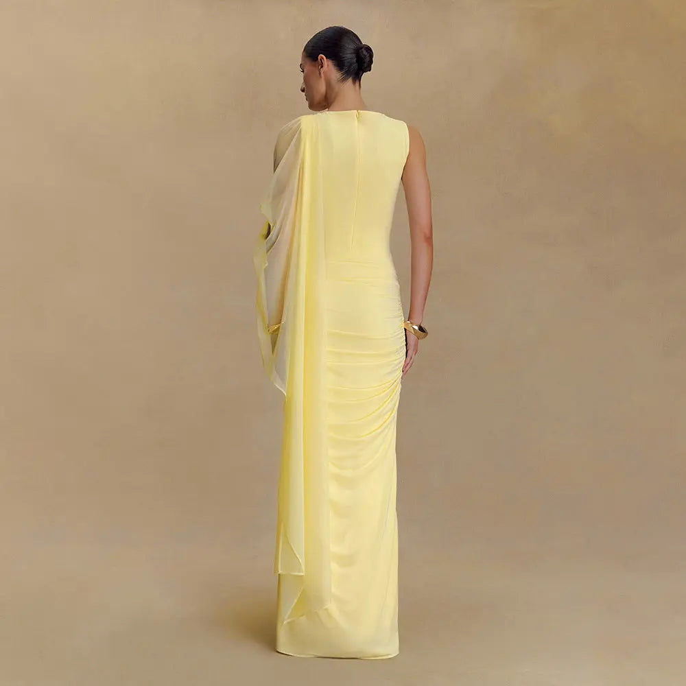 Fashionable Pleated Mesh Shawl Dress Sexy Sheath round Neck Slim Dress Bella Mia