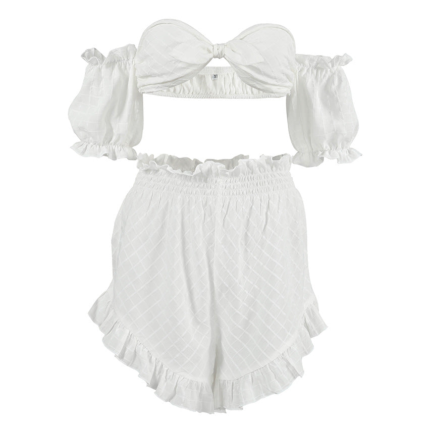 Sexy Summer Pajamas Plaid Retro off Shoulder Ruffled Shorts Two Piece Thin Ladies Homewear Bella Mia