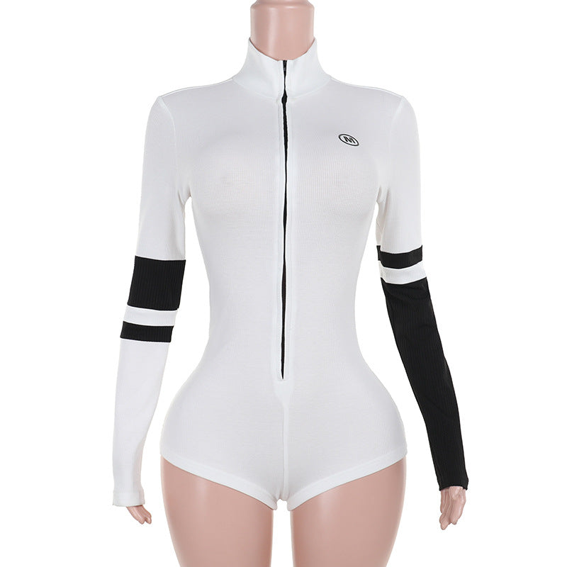 Knitted Contrast Color Turtleneck Zipper Tight Jumpsuit Locomotive Sexy All Matching Women Clothing