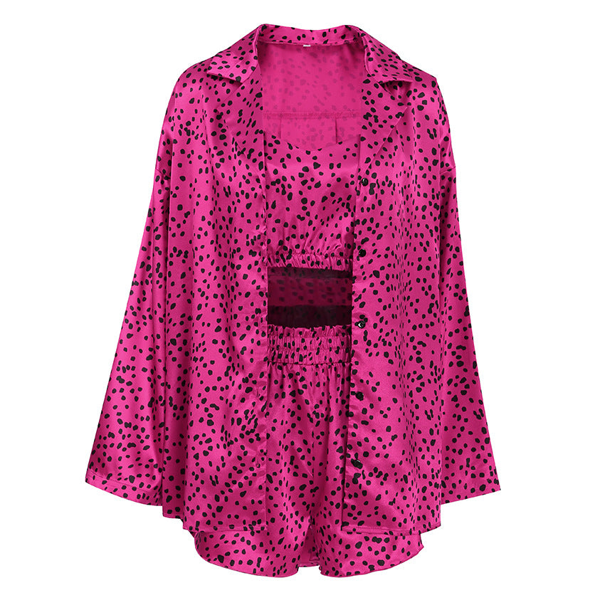 Autumn Satin Polka Dot Printed Homewear Underwear Shorts Outerwear Gown Three Piece Pajamas Bella Mia