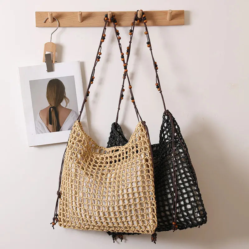 Summer Straw Woven Bag With Lace Up Pattern For Women Beach Vacation Bella Mia