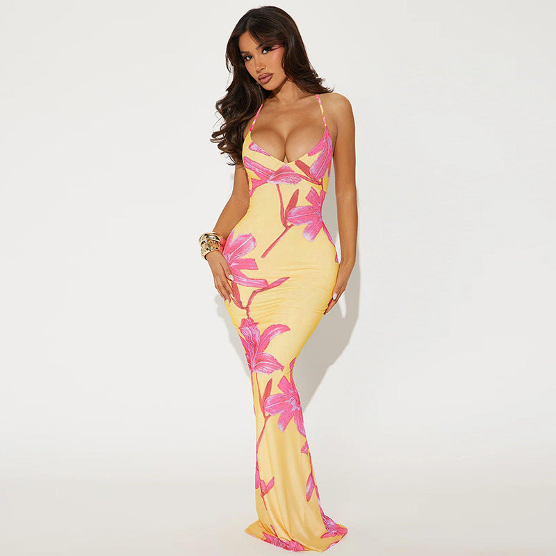 Women Clothing Summer Printed V neck Backless Suspenders Sexy Dress Bella Mia