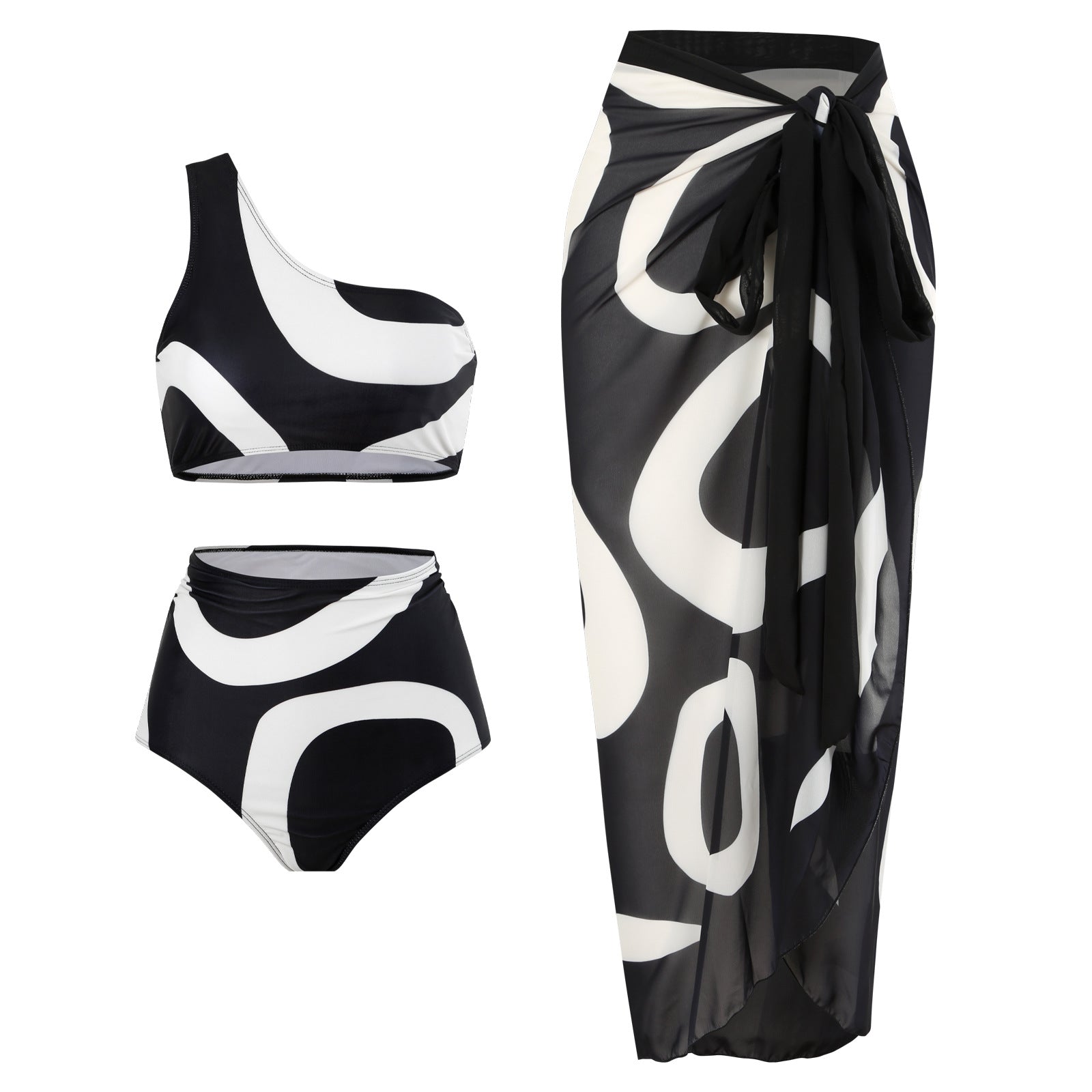 Retro Split Swimsuit Sexy One Shoulder Swimwear Chiffon Beach Skirt Set