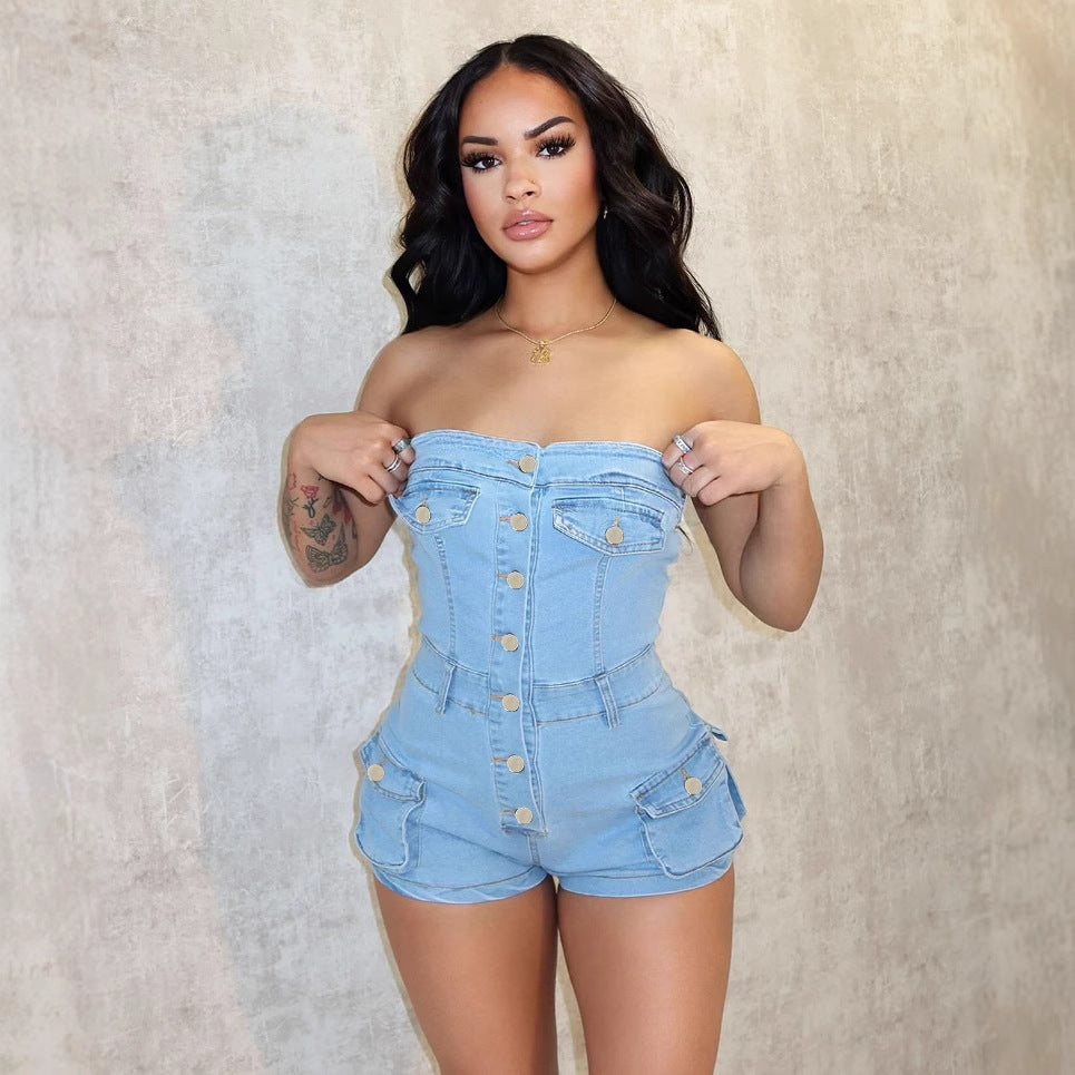 Supply Women Clothing Summer Tube Top Stretch Denim Jumpsuit Bella Mia
