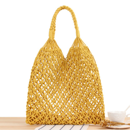 Solid Color One Shoulder Woven Bag Trendy Women Mori Straw Bag Degrees Handmade Cotton String Net Pocket Beach Bag