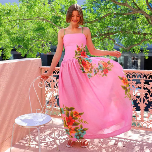 Boho Floral Maxi Cami Dress For Women Backless Spaghetti Strap Zipper Ruched Bella Mia