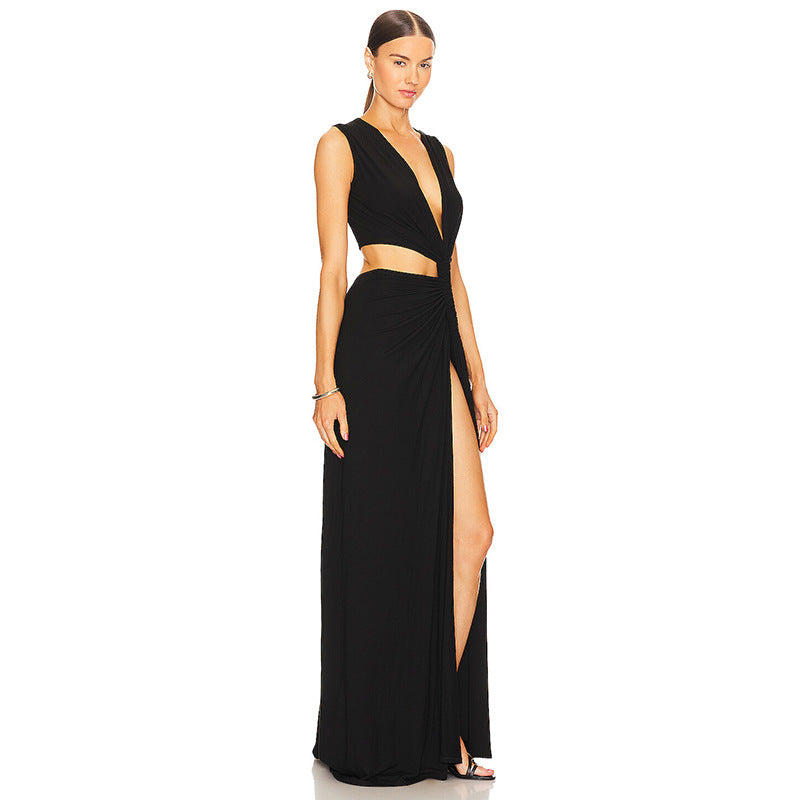 Women Summer Solid Color Sexy Deep V Plunge Hollow Out Cutout Out Slit Slim Fitting Maxi Dress Bella Mia