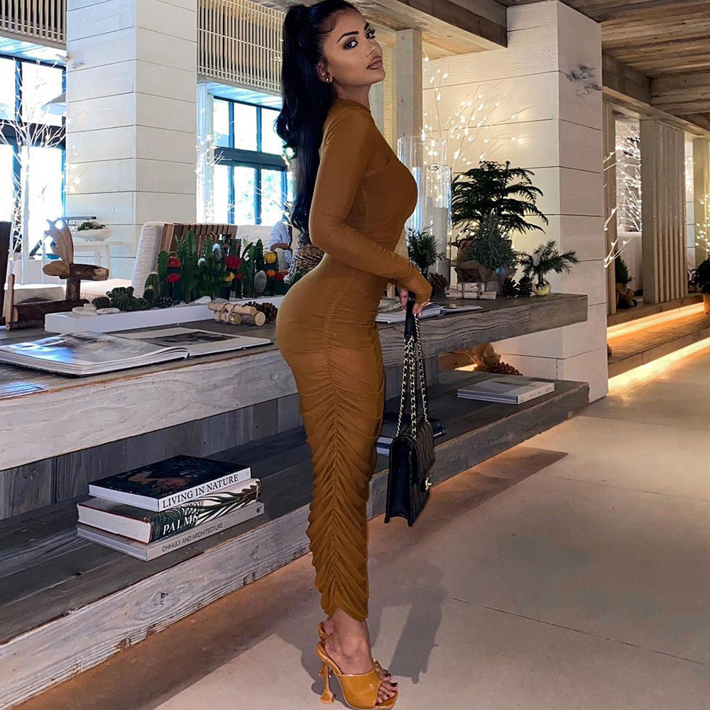 Spring Women Clothing Sexy Mesh See through Pleated Beach Dress Women Bella Mia