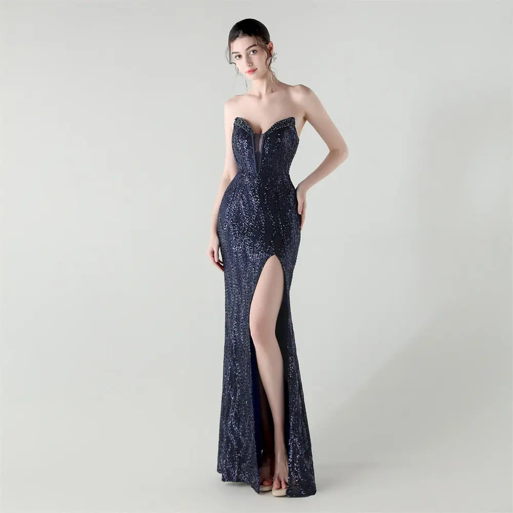 Boning Corset Waist Tight Heavy Industry Beads Heart Shaped Collar Sequined Evening Dress Luxury Cocktail Evening Dress Bella Mia