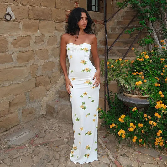 Plant Floral Print Tube Top Slit Maxi Dress Women Clothing Spring Summer Bella Mia