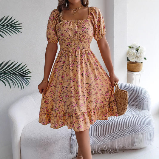 Spring Summer Floral Square Collar Short Sleeve Waist Controlled Ruffled A line Women Clothing Bella Mia