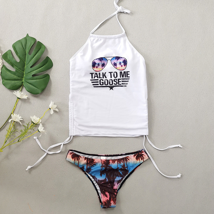Coconut Tree Printed Lace up Swimsuit Conservative Belly Covering Women Bikini Bella Mia