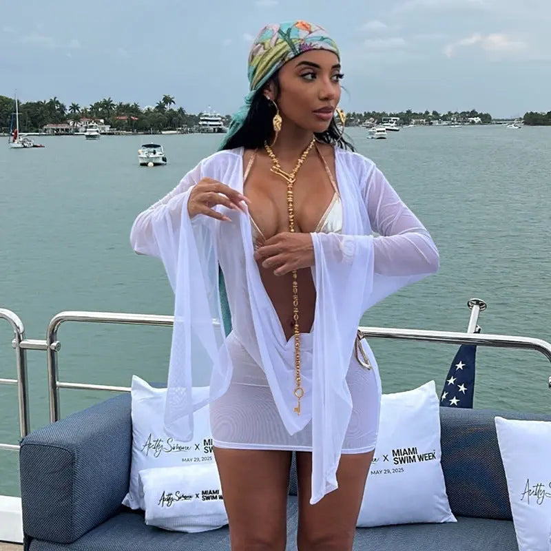 Women Backless Mesh Short Dress Long Sleeve Tie Cowl Neck Party Clubwear Bella Mia