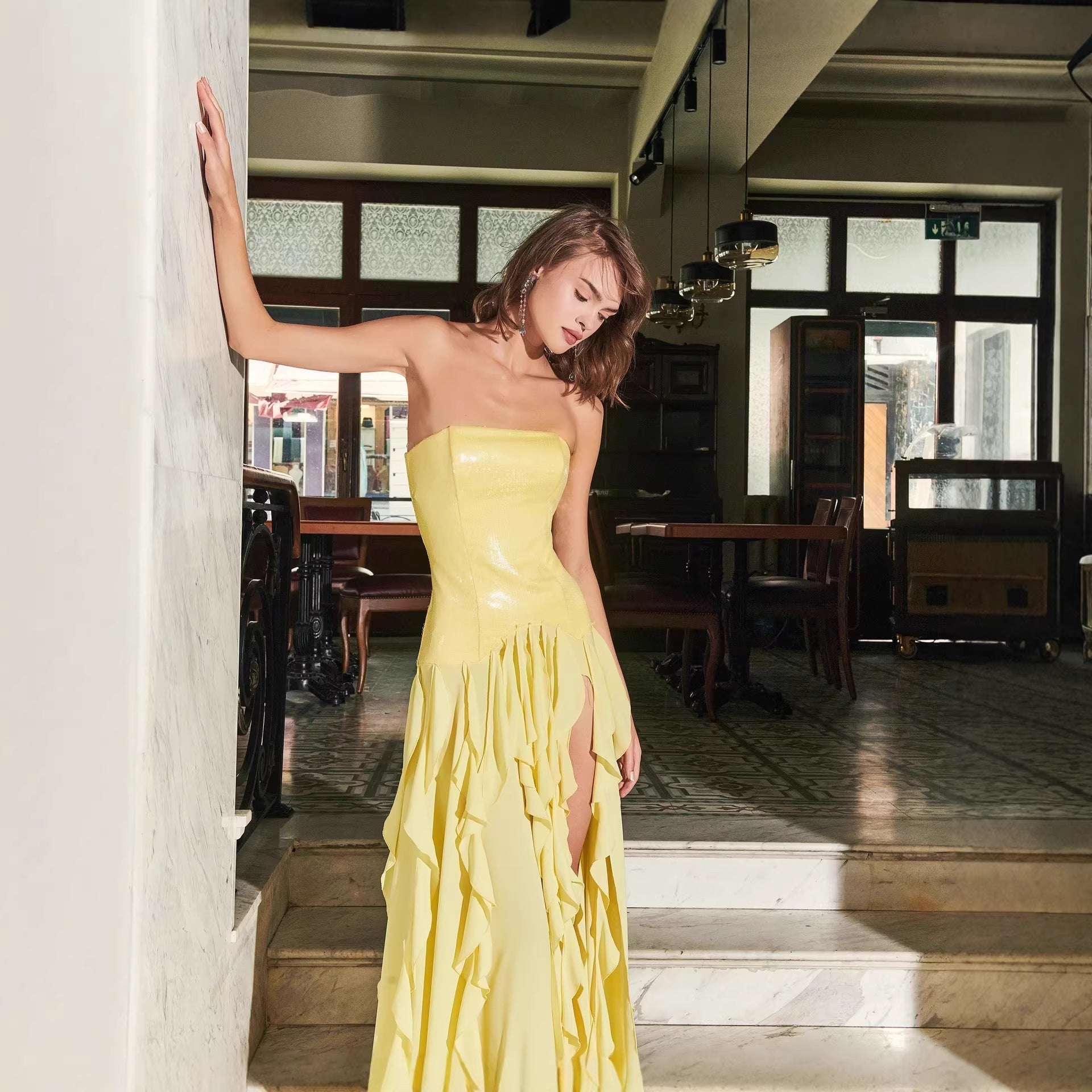 French Tight Waist Yellow Tube Top Dress Holiday Backless Summer Ruffl