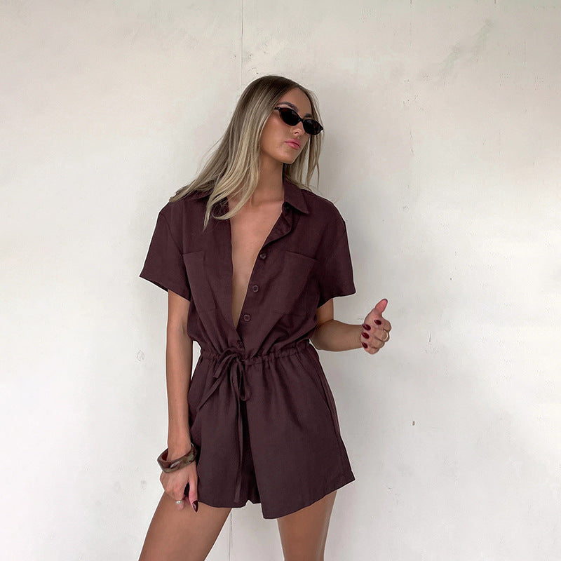 Shirt Collar Solid Color Waist Tight Short Sleeve Romper for Women Casual Bella Mia