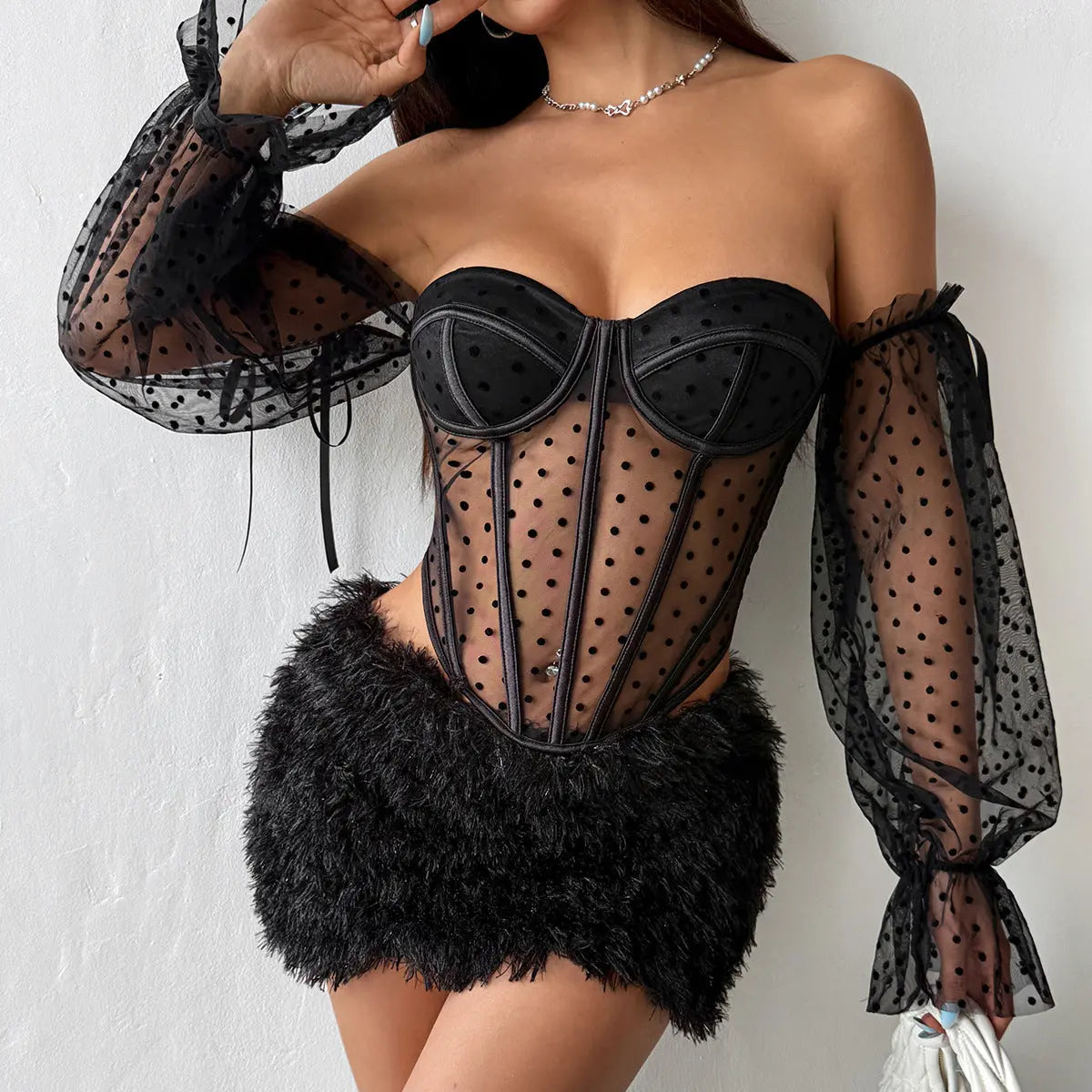 Autumn Special Interest Design Lace up See through off Shoulder Bell Sleeve Steel Ring Boning Corset Top for Women Bella Mia