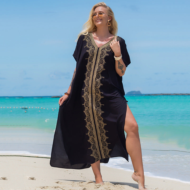 Blue Embroidered Vacation Robe Loose Seaside Beach Dress Sun Protection Clothing Bikini Swimsuit Blouse Bella Mia