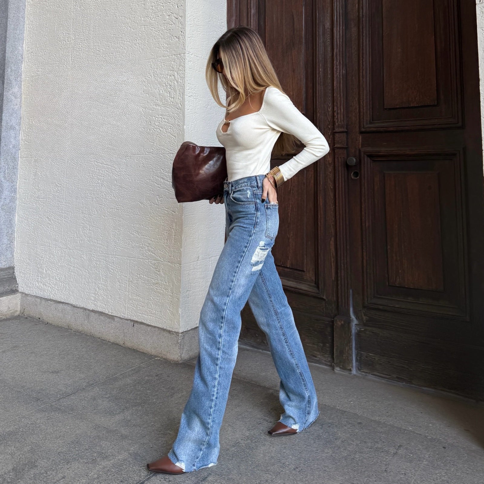 Women Clothing Autumn Elegant Street Sexy Beaded Slim Fit Long Sleeved Knitted Top for Women Bella Mia