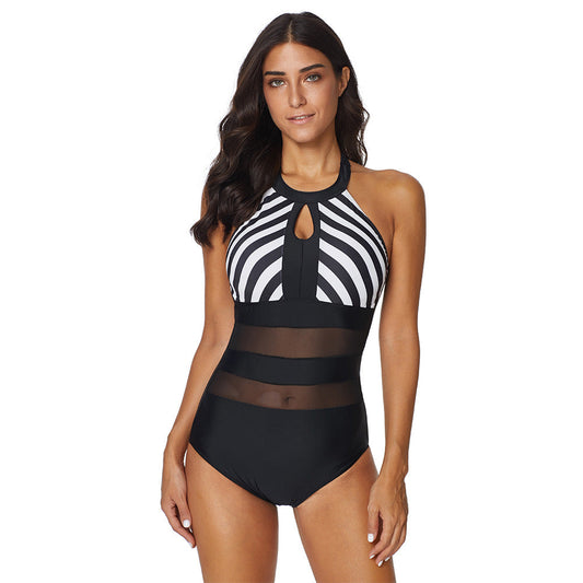 Sexy Backless Siamese Mesh Stitching Halter Swimsuit Women Swimsuit Bella Mia