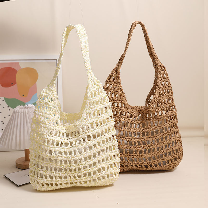 French Large Capacity Shoulder Straw Bag Hollow Out Cutout Tote Portable Straw Bag Woven Bag Seaside Vacation Beach Bag Bella Mia