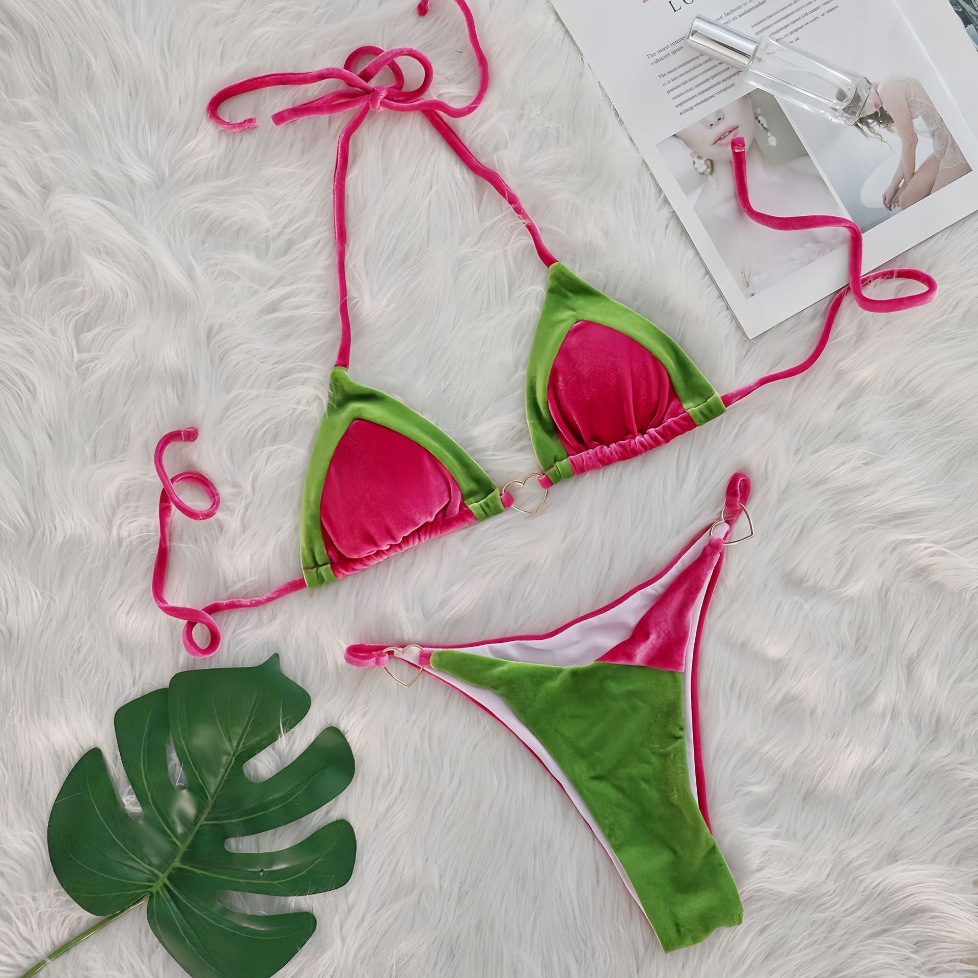 Sexy Bikini Metal Heart Decorative Swimsuit Korean Velvet Stitching Women Swimsuit Sets Bella Mia