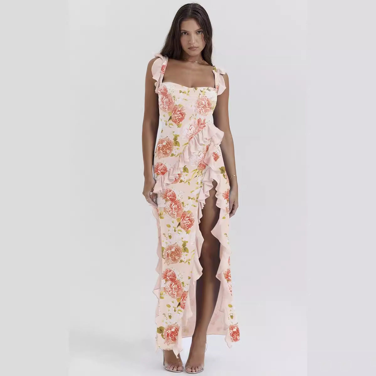 Summer French Strap Wooden Ear Sexy Split Printing Dress Bella Mia