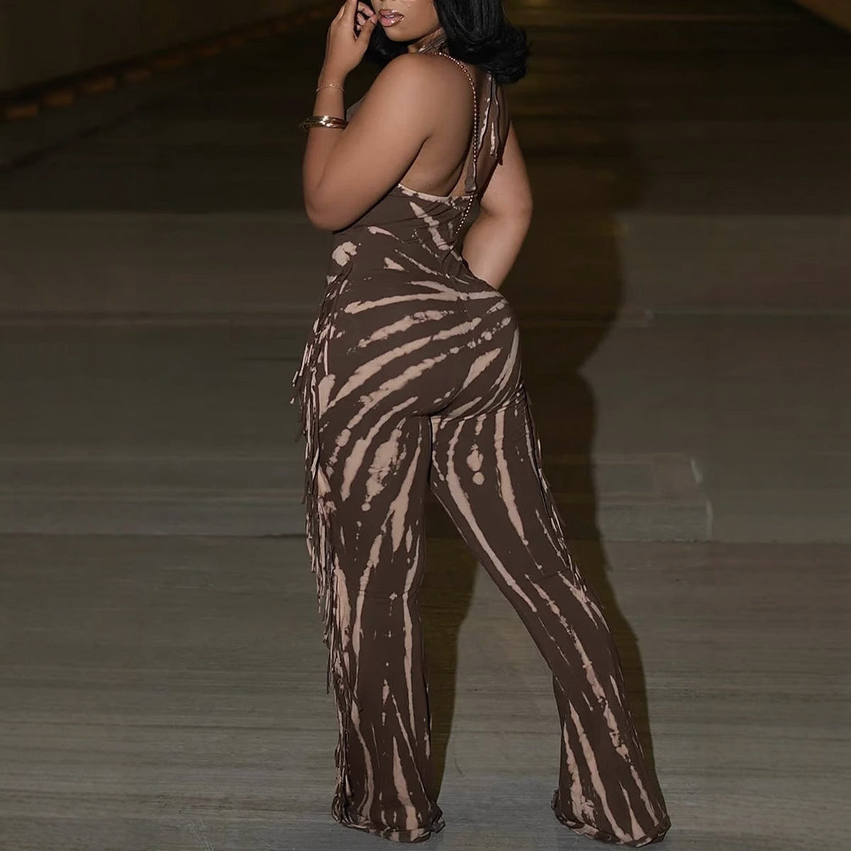 Elegant Sexy Slim Fit Stretch Backless Tassel Printed Halter Strap Micro Pull Jumpsuit Bella Mia