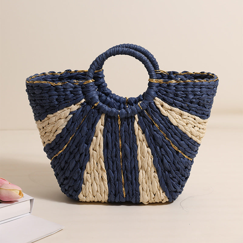Golden Silk Thread Portable Straw Weaved Bag Large Capacity Tote Vegetable Basket Bag Vacation Beach Bag Hand Carrying Woven Bag Bella Mia