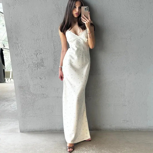 Elegant Floral Maxi Dress Women Sleeveless V Neck Ruched Slit Zipper Bella Mia