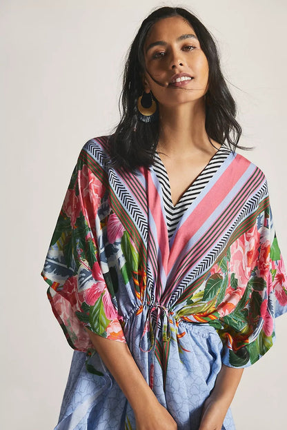 Positioning Two-Head Printed Pull-Belt Blouse Holiday Casual Beach Bikini Cover