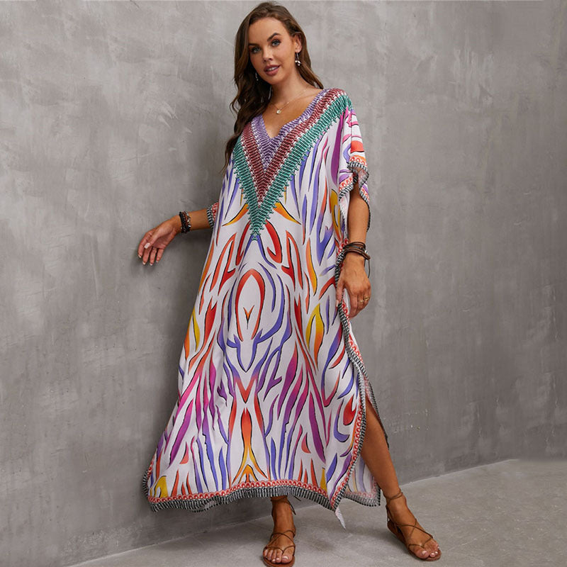 Rayon Positioning Printing Beach Cover Up V Neck Robe Vacation Skirt Bikini Cover Bella Mia